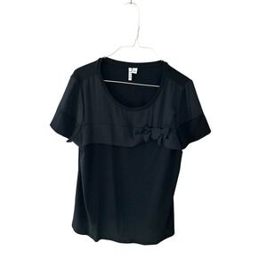 Elle Blouse Top Women's‎ Size M Black Crew Neck Bow Front Short Sleeve Pullover